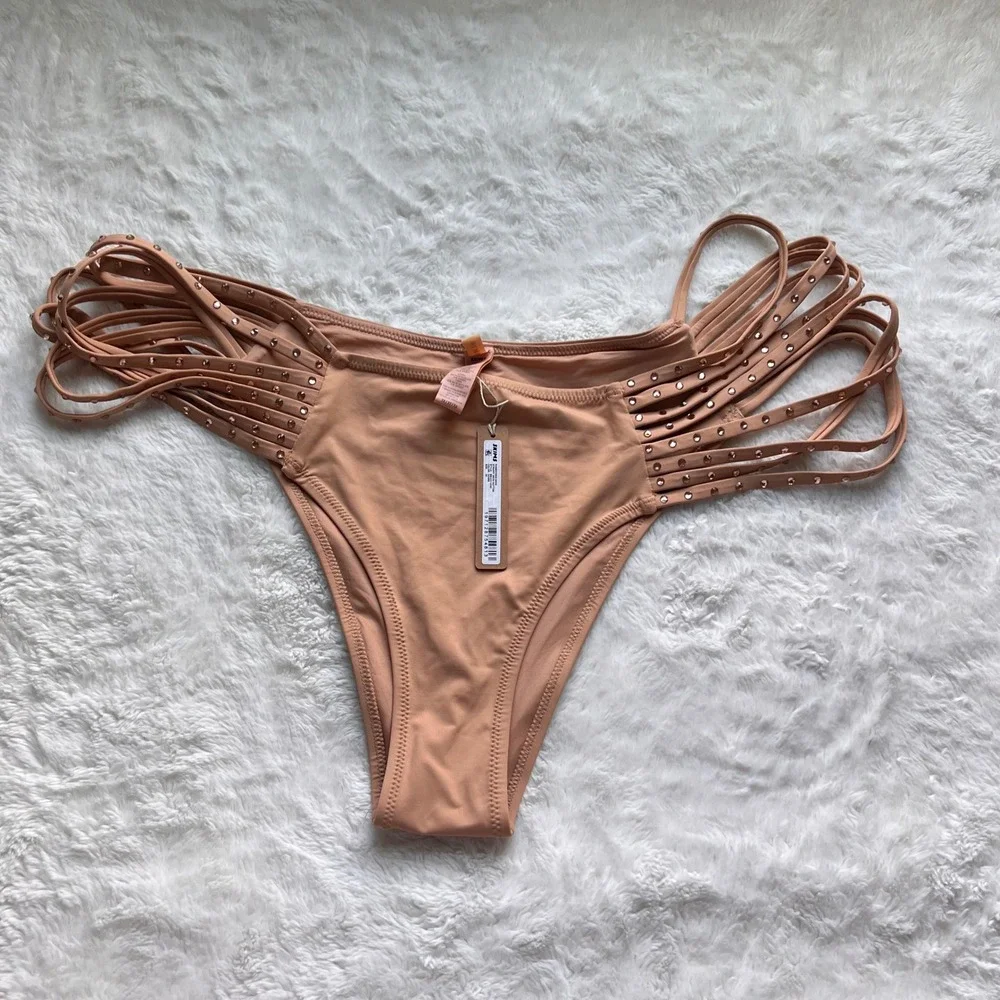 SKIMS Rhinestone Swim Strappy Bikini Bottom Ochre Tan Size 3X BB-CKY-3185 NEW